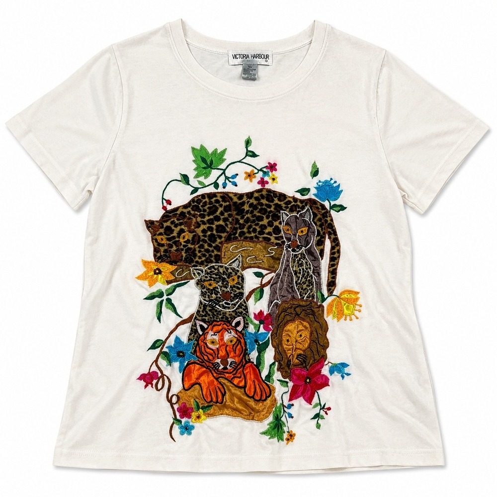 Victoria Harbour Vtg White Jungle Cat Lion Tiger Meow Kitty Appliquees tee L